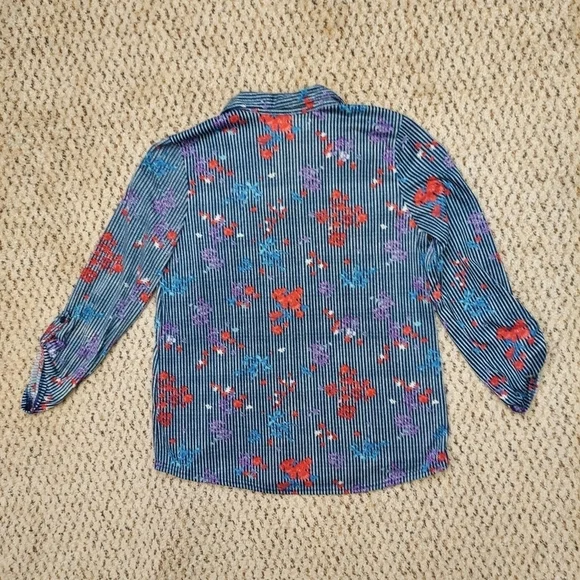 French Laundry Womens Size M Blue Floral Striped Button Front Blouse Long Sleeve - Picture 14 of 14